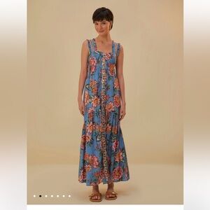 Farm Rio Wonderful Blue Bouquet Sleeveless Floral Romantic Maxi Dress-XL